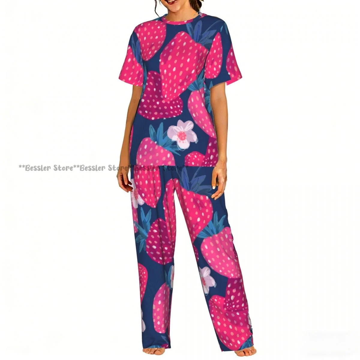 Women's Pajamas Set Strawberry Illustration Short Sleeve Sleepwear 2 Piece Homewear Loungewear