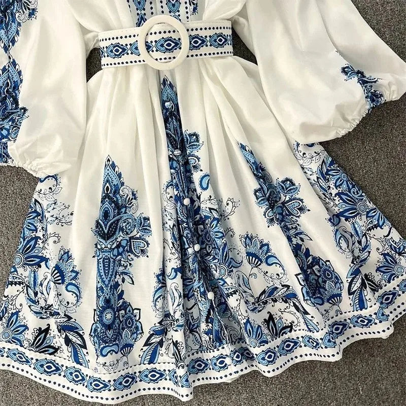 Autumn Women's Fashion V-neck Long Sleeved Bohemian Printed Dress Retro Lantern Sleeve Chinese Style Blue White Porcelain Dress