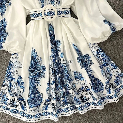 Autumn Women's Fashion V-neck Long Sleeved Bohemian Printed Dress Retro Lantern Sleeve Chinese Style Blue White Porcelain Dress