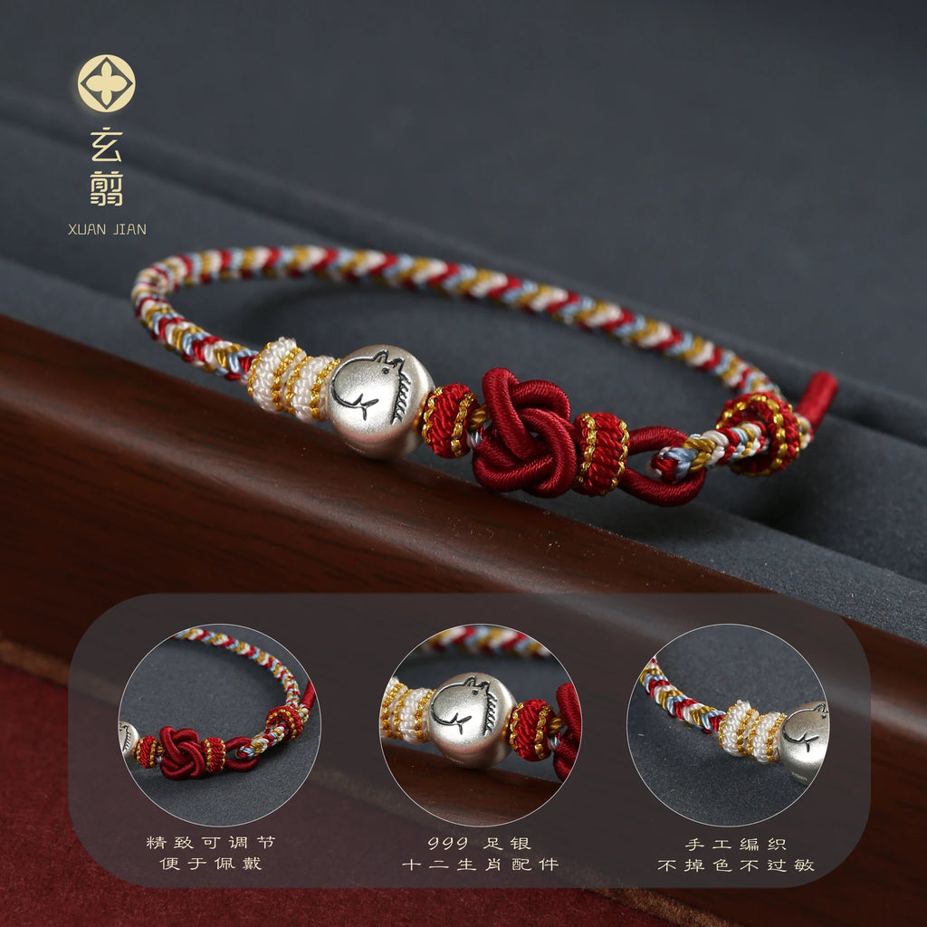New 999 Silver 12 Zodiac Tai Sui Amulet for Horse Life Year Women's Triple Lucky Beads Hand-woven Red Rope Gift for Men Bracelet