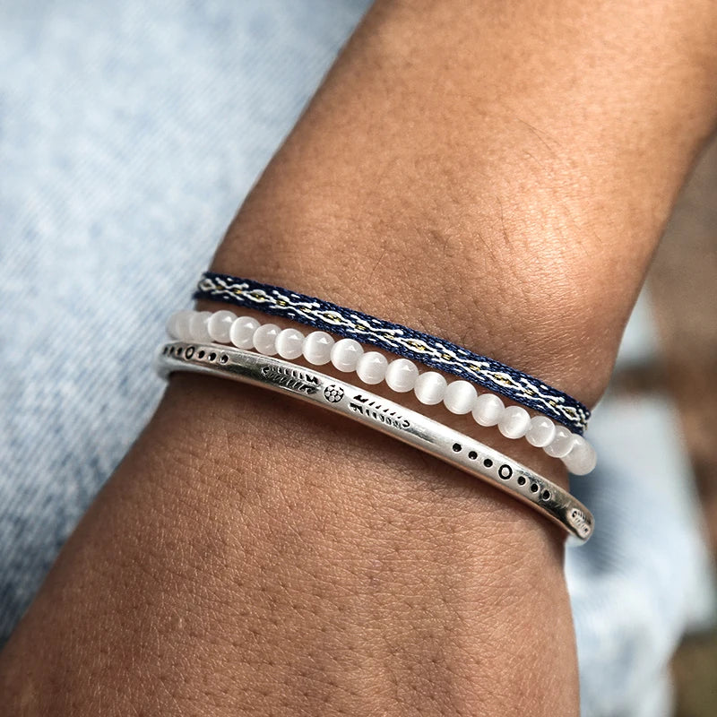 3 PCS/Set Pure Natural Stone White Cat Eye Bracelet Tibetan Buddhism 925 Silver Plated C-Bangle Unisex Prints Party Jewelry Gift