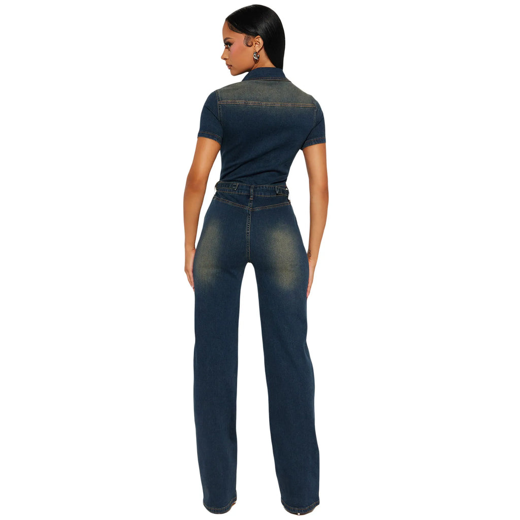 Demin Overalls Jumpsuits Women One Piece Mom Jeans Long Pants Short Sleeve High Waist Rompers Y2k Streetwear Casual Party