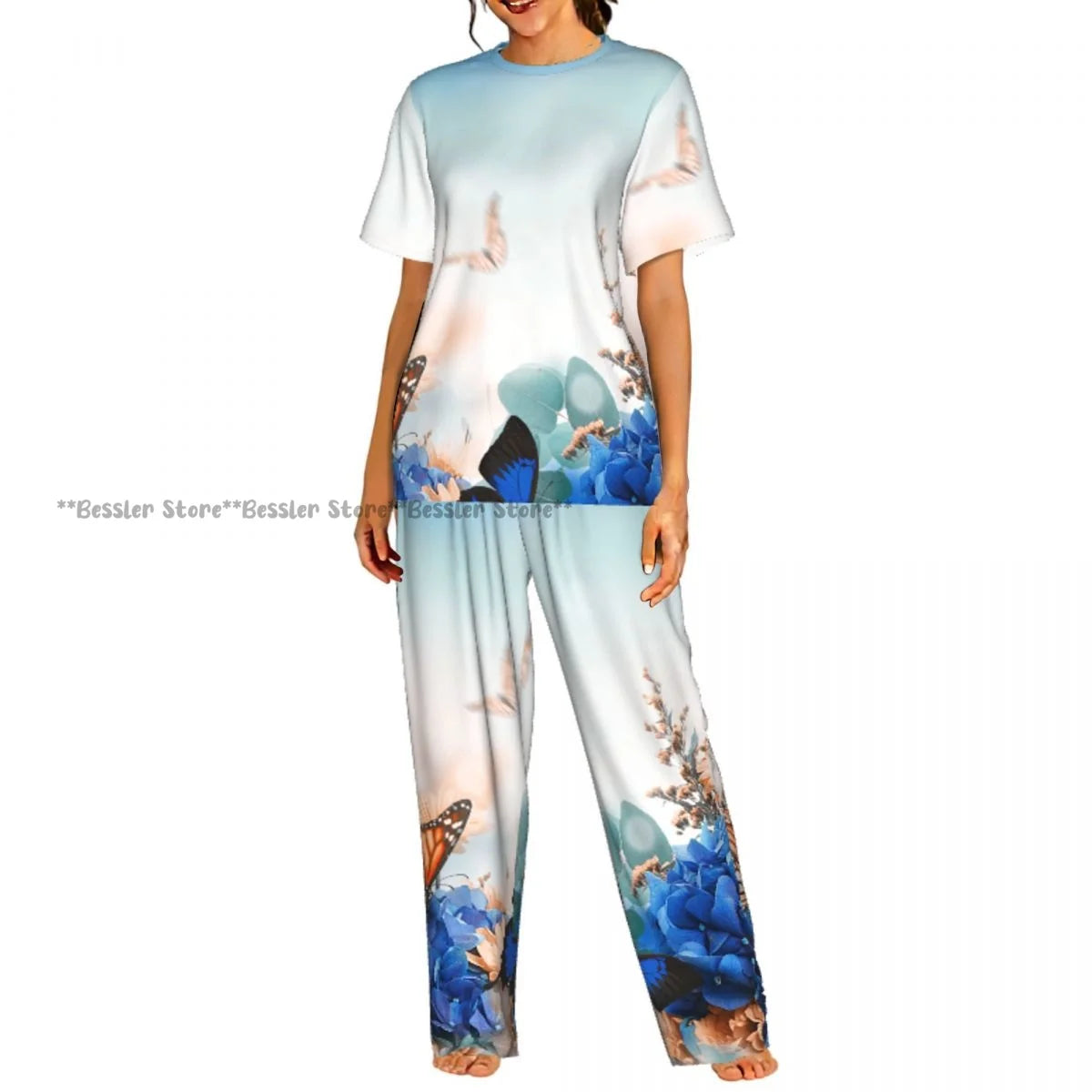 Women's Floral Flowers And Leaves short sleeve trousers casual pajamas set