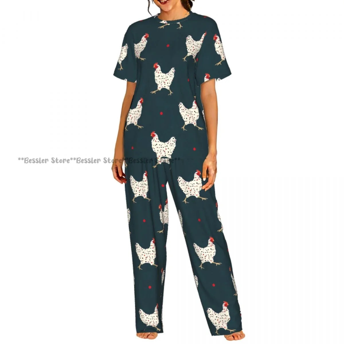 Women Pajama Sets Lounge Sleepwear Crispy Fried Chicken Pattern Short Sleeve Nightwear