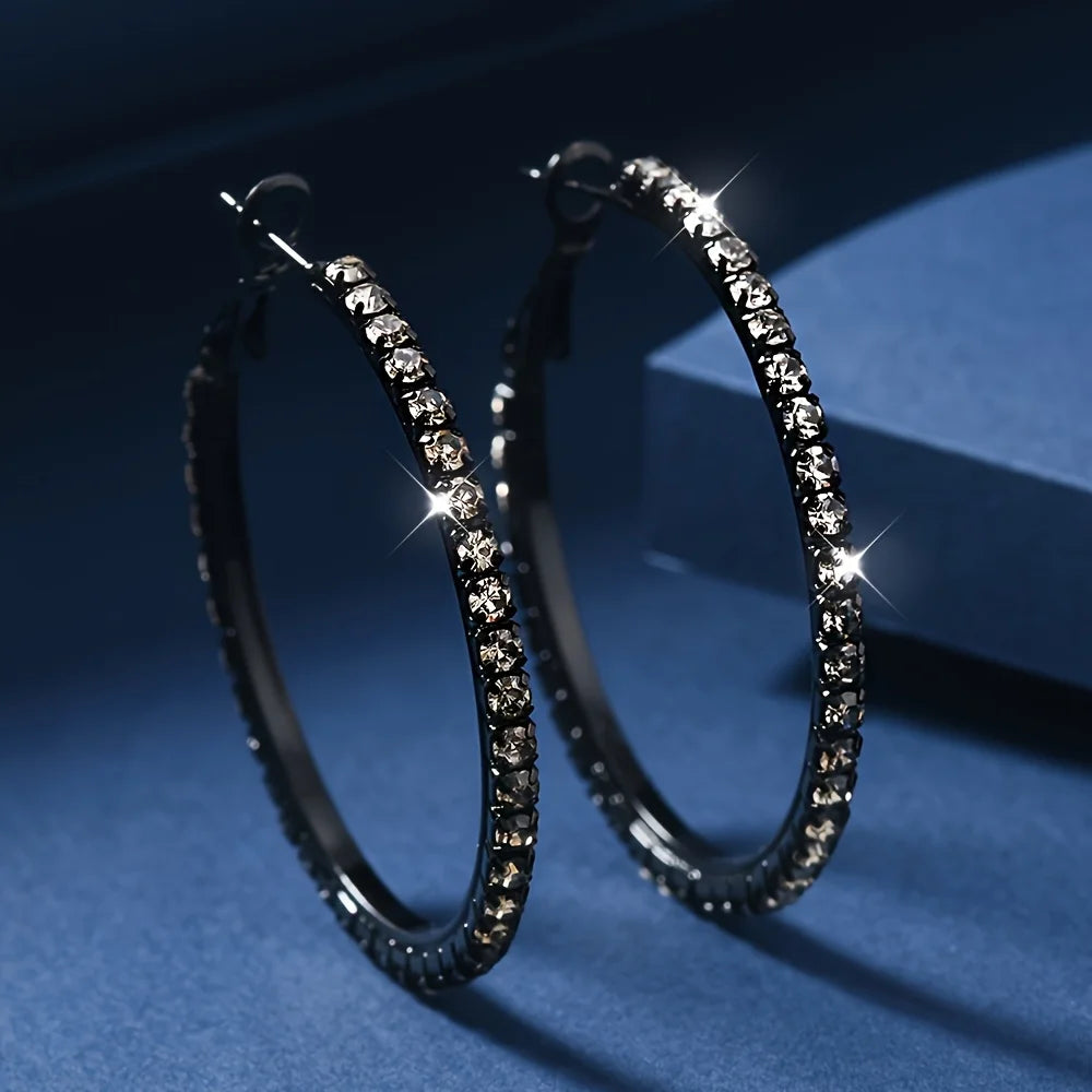 Elegant Sparkling Black Hoop Earrings with Clear Gemstones for Women Stylish Round Design Perfect Jewelry Gift Novelty Earrings