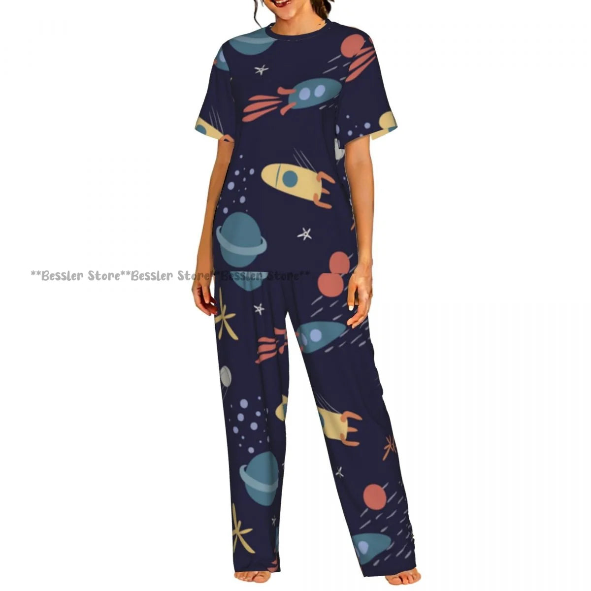 Women's Pajamas Set Space Planets Stars Comets Constellations Short Sleeve Sleepwear 2 Piece Homewear Loungewear