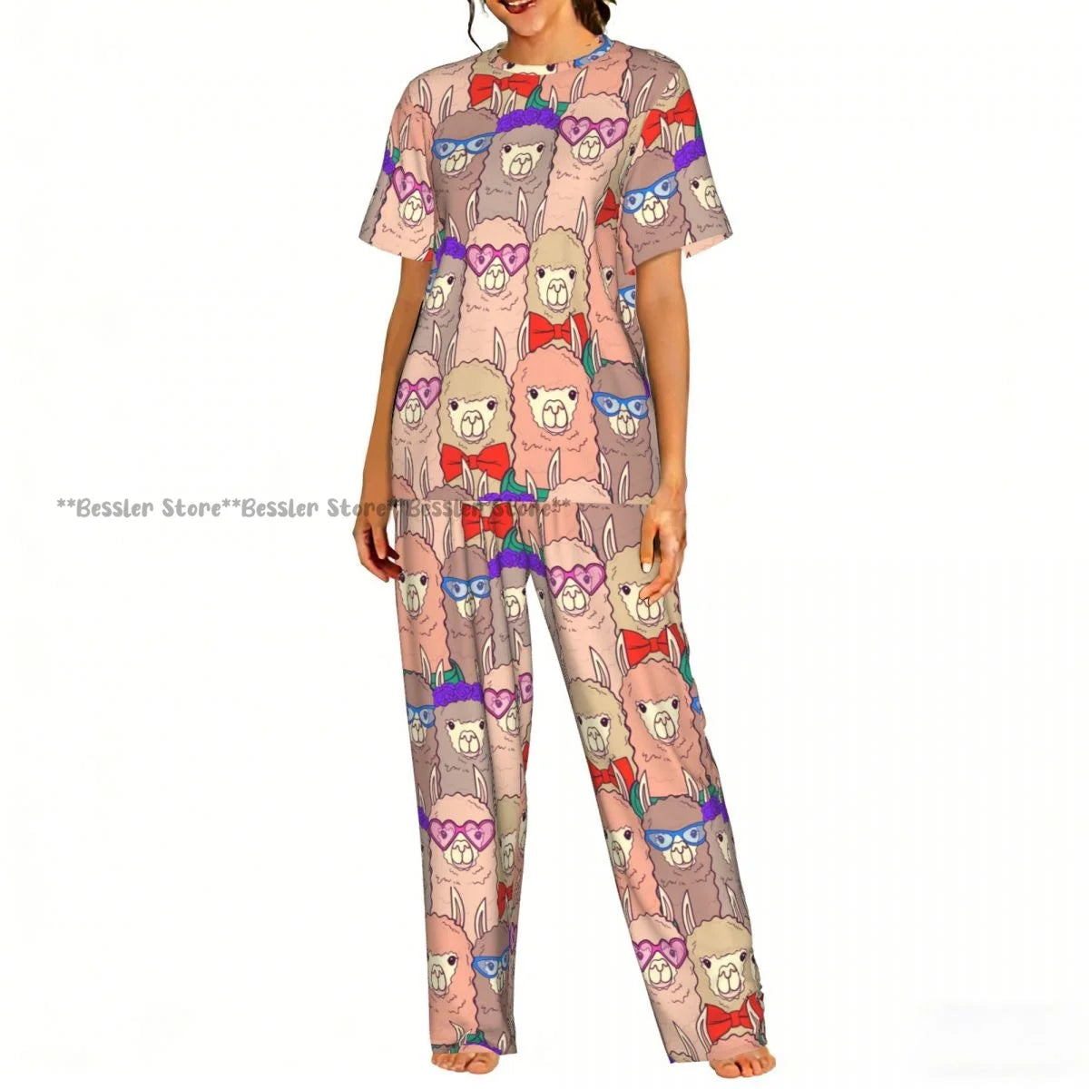 Women's 2-piece set You Are Llamazing Llama Pattern With Hearts Pajamas Short sleeved Top and Pants Sleepwear
