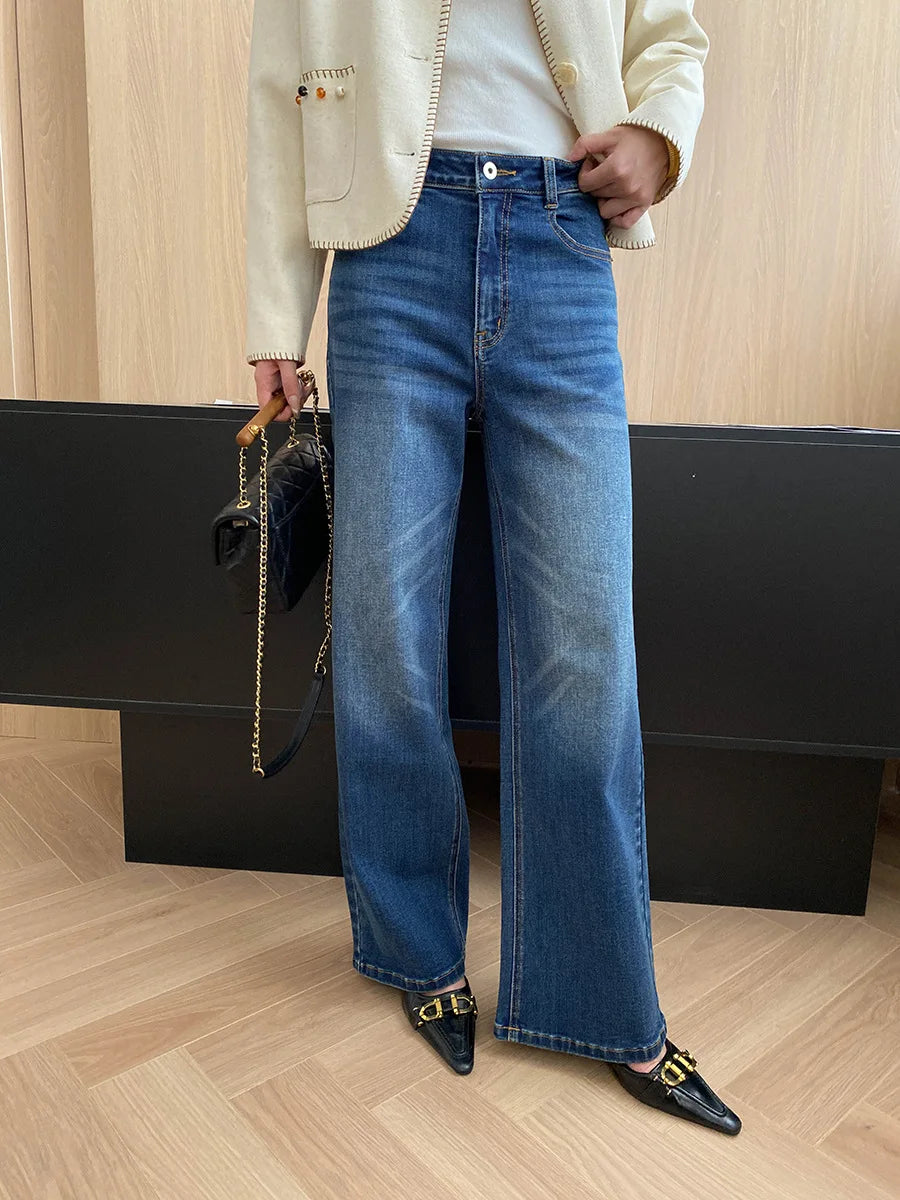 Early autumn new retro polished white washed distressed high waisted straight leg wide leg jeans look slim