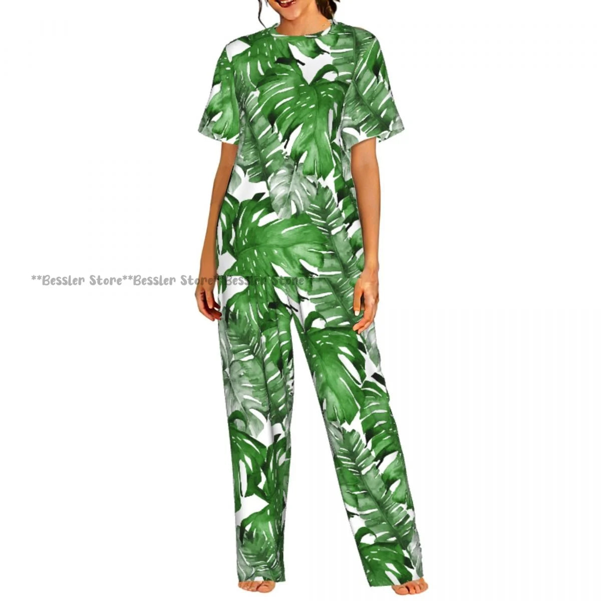 Women's Pajamas Set Tropical Flowers Short Sleeve Sleepwear 2 Piece Homewear Loungewear