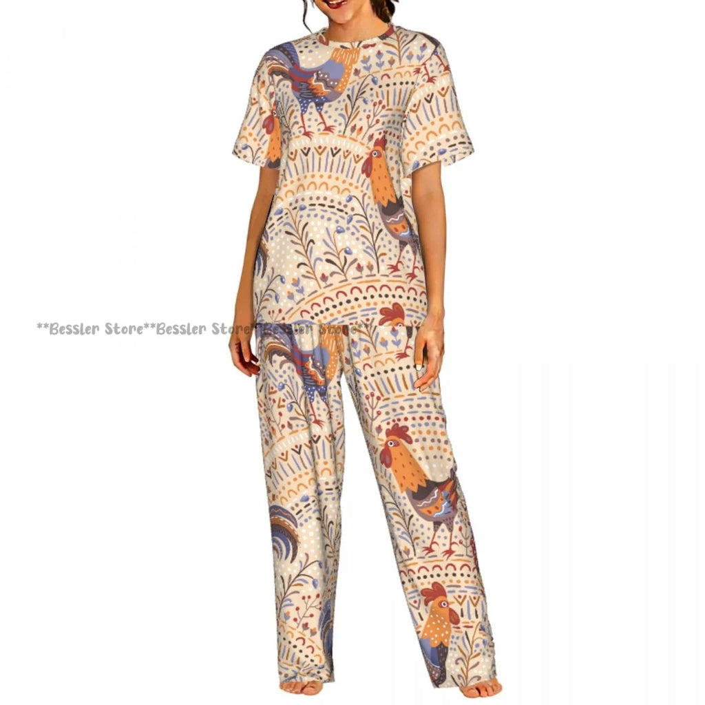 Women's Comfort Pajamas Women's Hand Drawn Rooster Hens And Chickens Short Sleeve Set Sleepwear