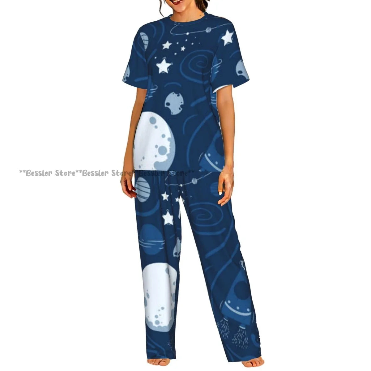 Women's Pajamas Set Space Planets Stars Comets Constellations Short Sleeve Sleepwear 2 Piece Homewear Loungewear