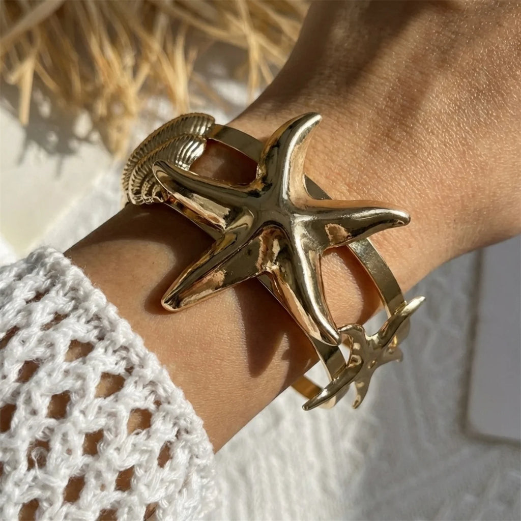 Summer Vacation Exaggerated Metal Starfish Shell Conch Bracelets For Women Men Big Sea Star Opening Bangle Beach Party Jewelry