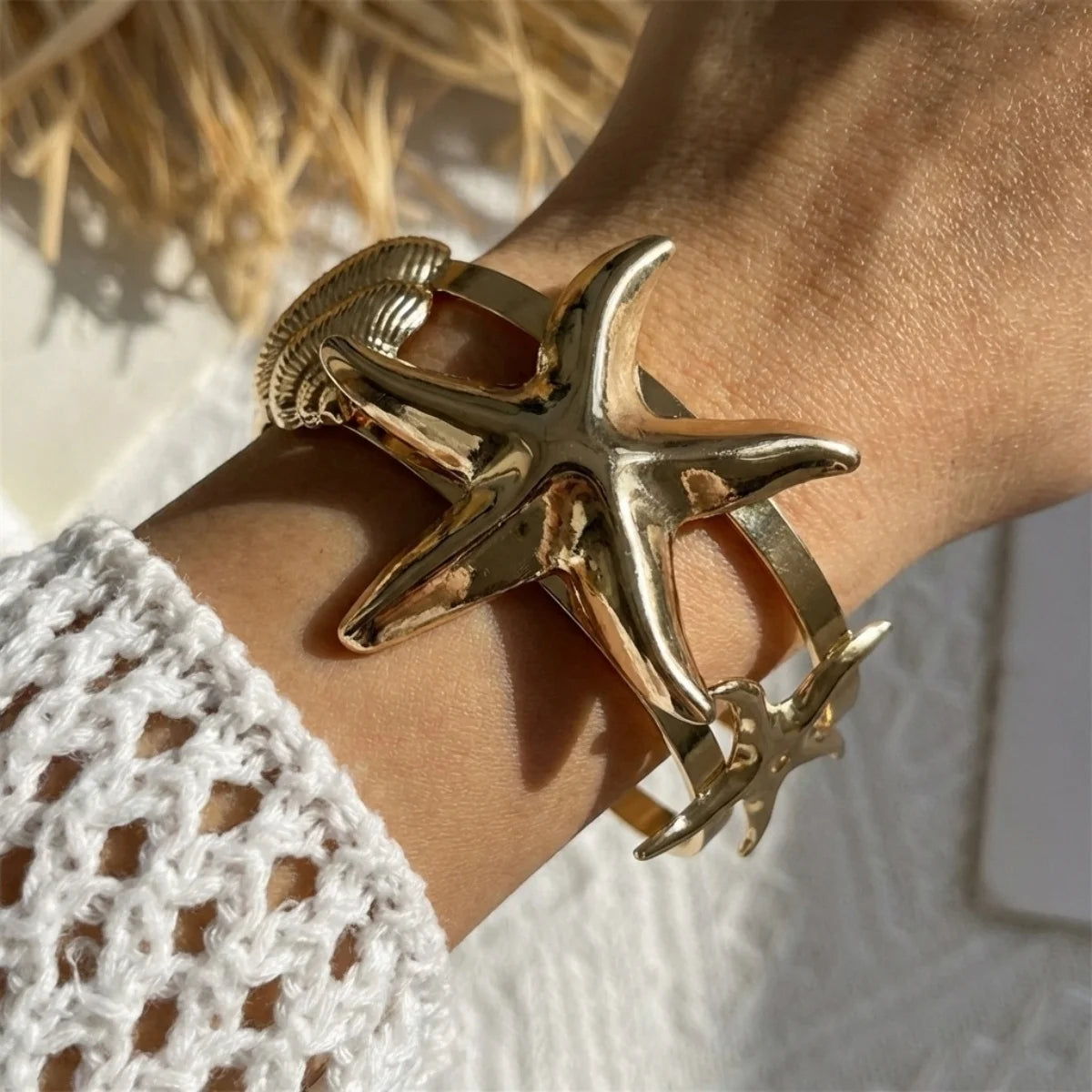 Summer Vacation Exaggerated Metal Starfish Shell Conch Bracelets For Women Men Big Sea Star Opening Bangle Beach Party Jewelry