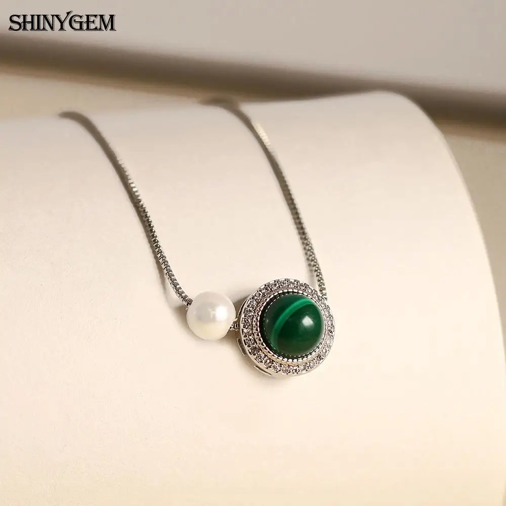 ShinyGem Woman 12 mm Natural Malachite & Pearl Pendant Zircon Accented Green Crystal Gemstone Jewelry Platinum Plated Necklace