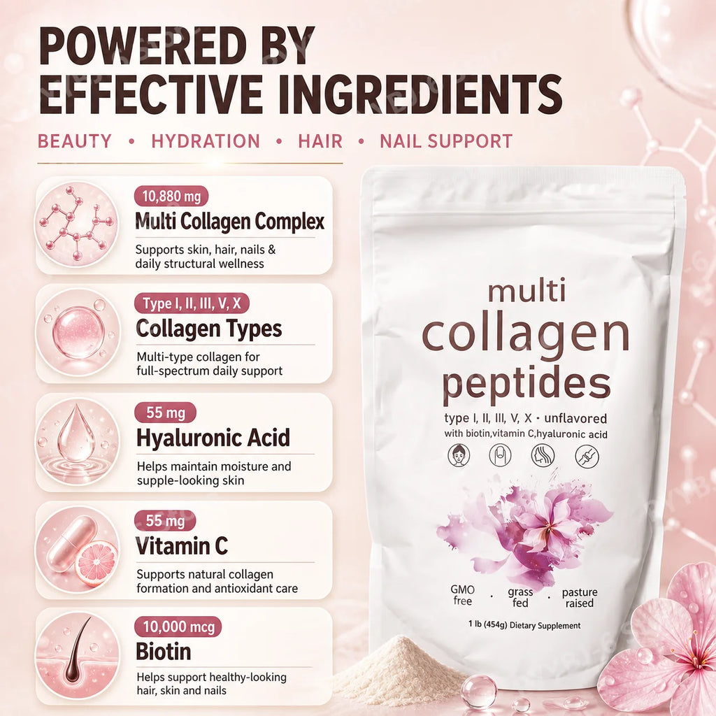 Multi Collagen Peptides Powder 454g Unflavored Collagen Blend with Vitamin C Biotin Hyaluronic Acid Skin Hair Nails Support