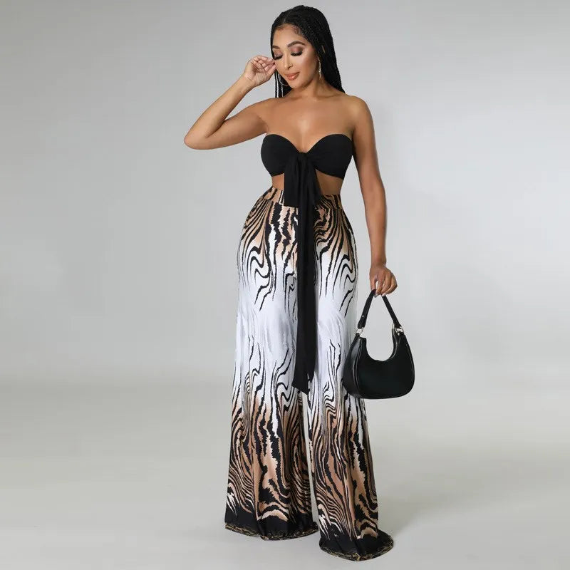 S5XL Large Size Chest Printed Wide Leg Pants Two-Piece Set Women's Fashionable Polyester Suit Summer  Student Uniform