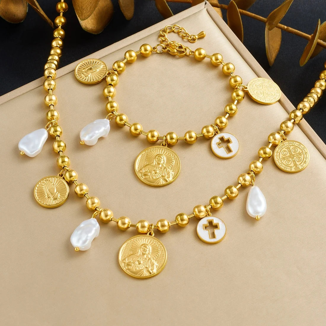 DIEYURO 316L Stainless Steel Retro Portrait Cross Palm Pearl Pendant Beads Necklace Bracelet Set Lady Fashion Waterproof Jewelry