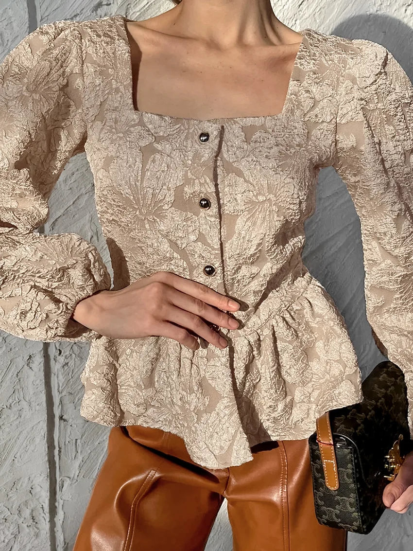 Ladies Elegant Jacquard Square Neck Puff Sleeve Blouse, Button Front Peplum Top for Party, Office and Daily Wear