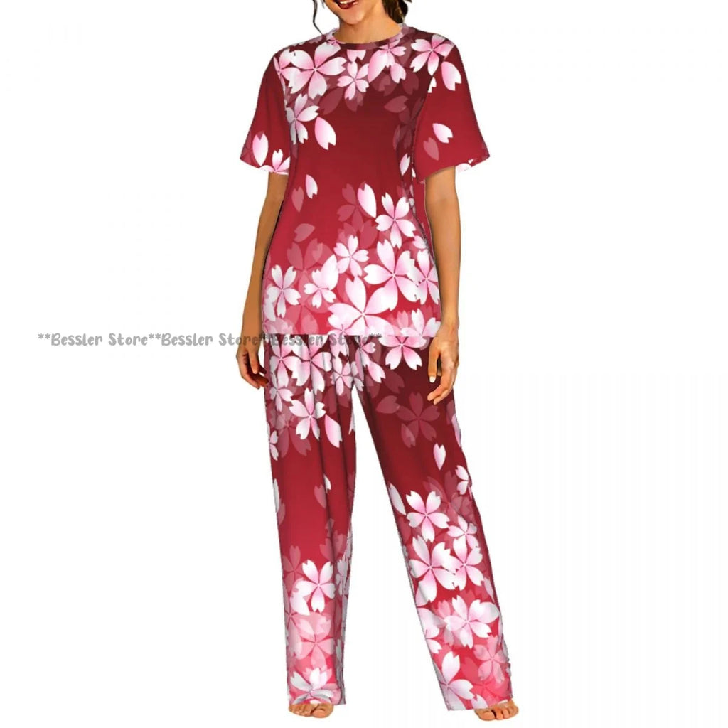 Women's 2-piece set Cherry Spring Flower Pajamas Short sleeved Top and Pants Sleepwear