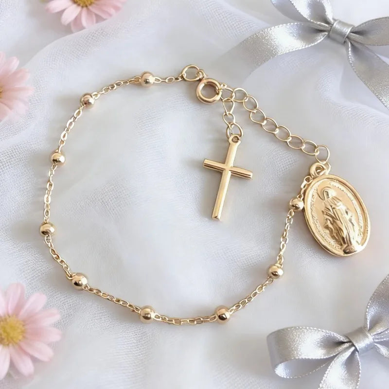 Adjustable Beaded Bracelet Virgin Mary Cross European Style Minimalist Charm Jewelry Women