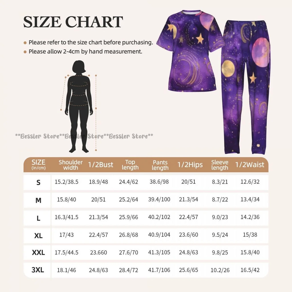 Women's 2-piece set Gold Stars And Planets Pajamas Short sleeved Top and Pants Sleepwear