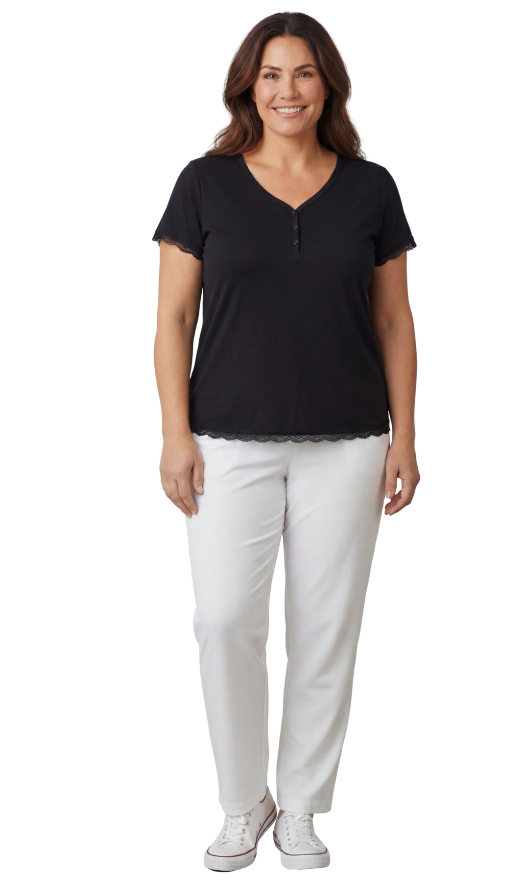 Women's V-neck Short Sleeve Tshirt with A Three Button Placket