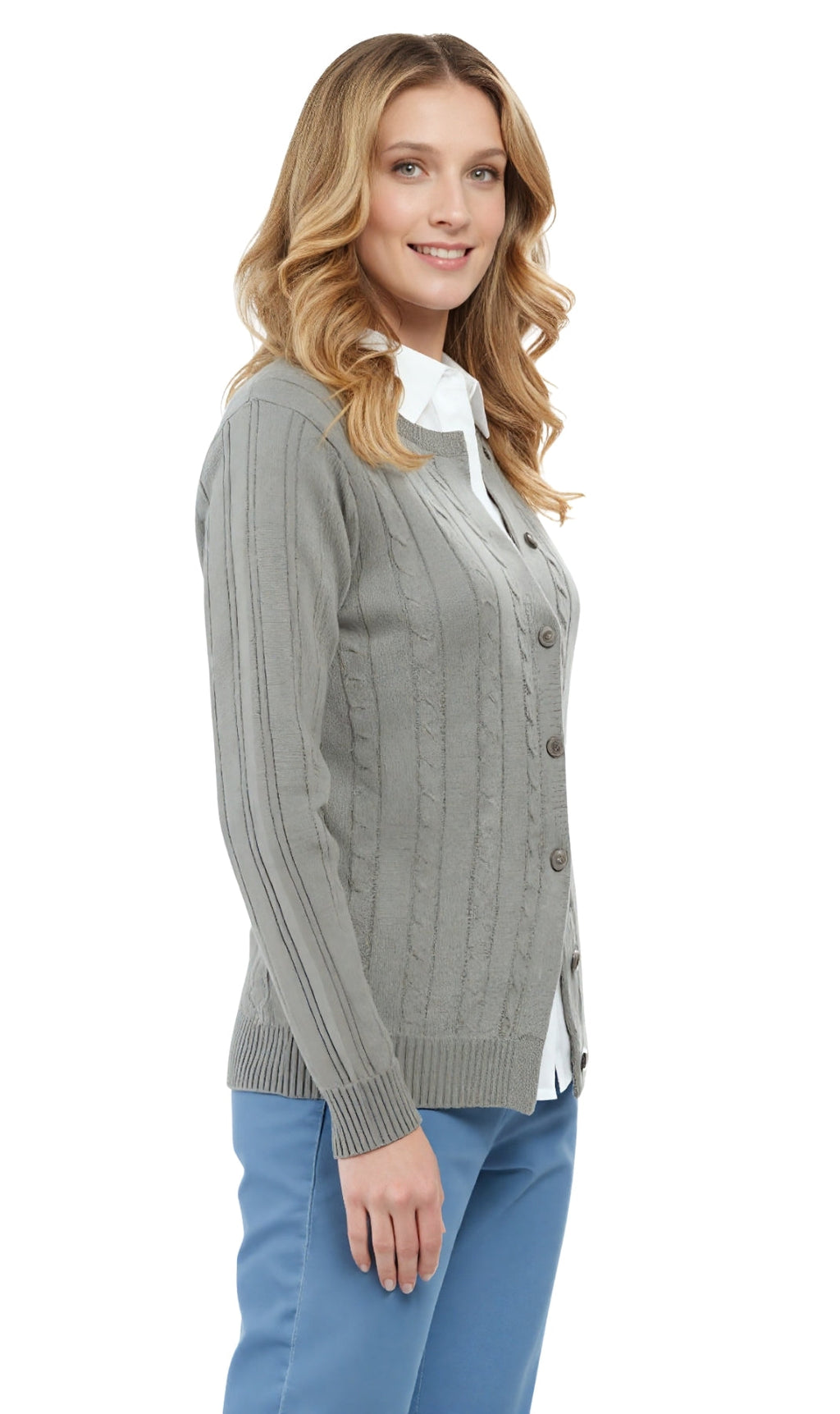 Women's Classic Button Front Cable Knit Cardigan in Soft Acryllic