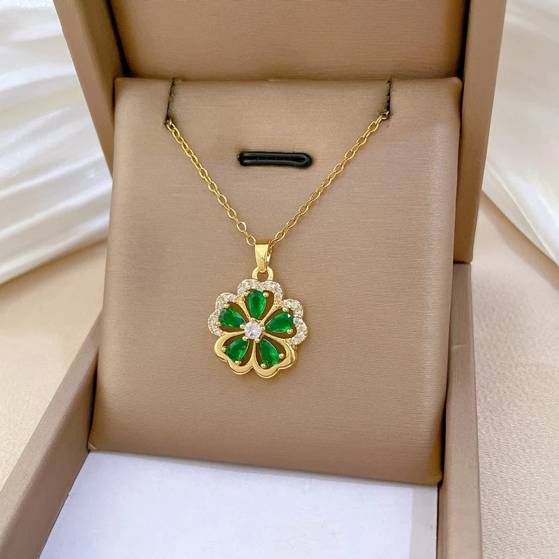 DIEYURO 316L Stainless Steel Green Zircon Five Petal Flower Pendant Necklace For Women New Fashion Collarbone Chain Jewelry Gift