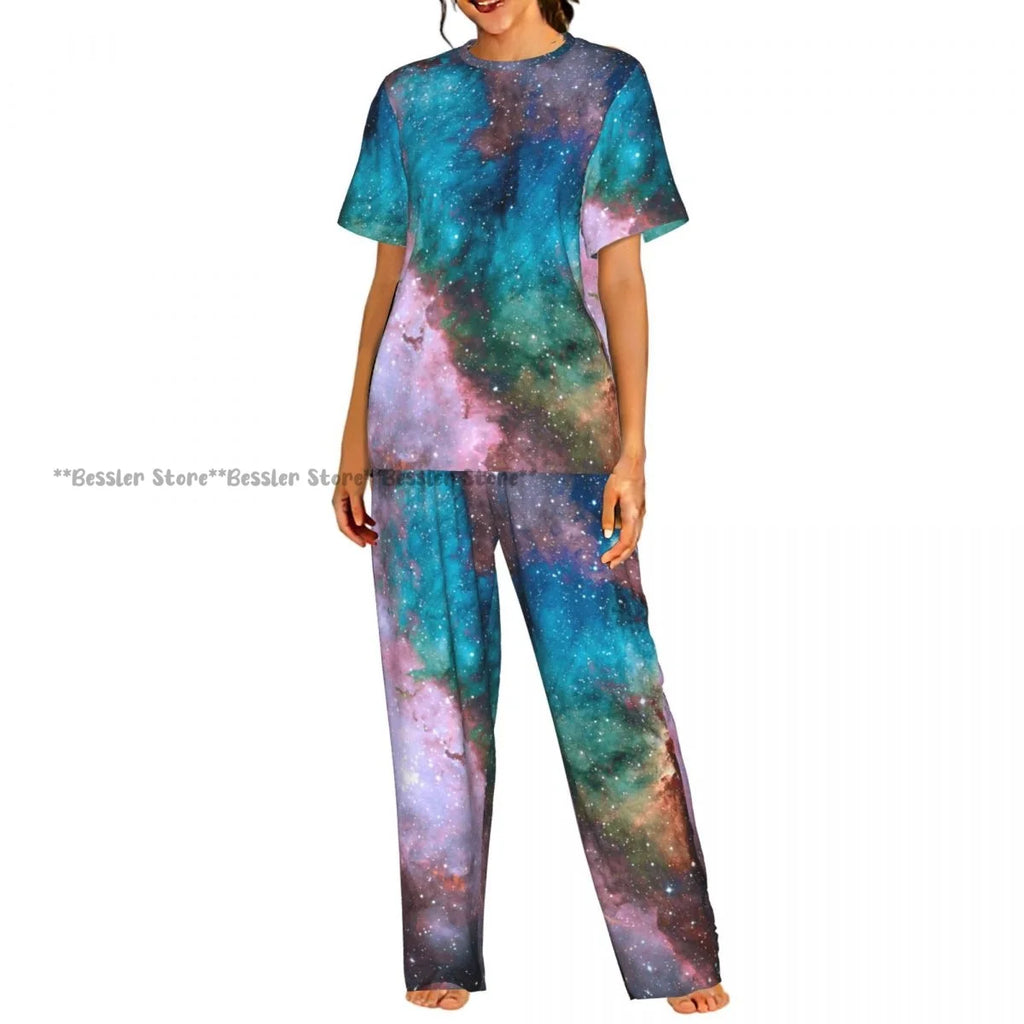 Women's 2-piece set Gold Stars And Planets Pajamas Short sleeved Top and Pants Sleepwear
