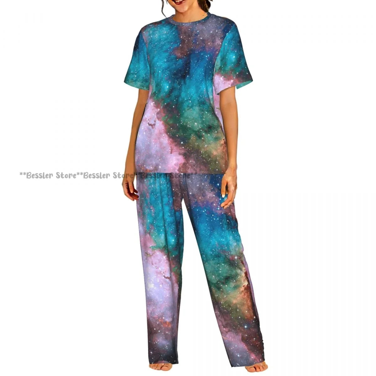 Women's 2-piece set Gold Stars And Planets Pajamas Short sleeved Top and Pants Sleepwear
