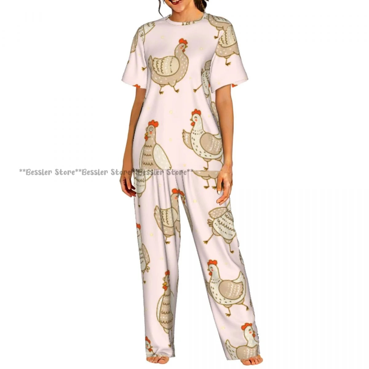 Women's Comfort Pajamas Women's Rooster Hens And Chickens Background Short Sleeve Set Sleepwear