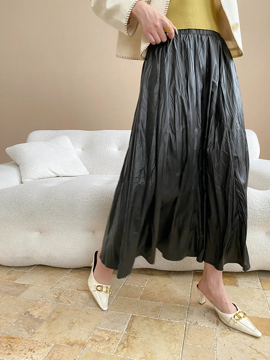Early autumn new light luxury texture pleated PU leather elastic waist A-line leather skirt half skirt