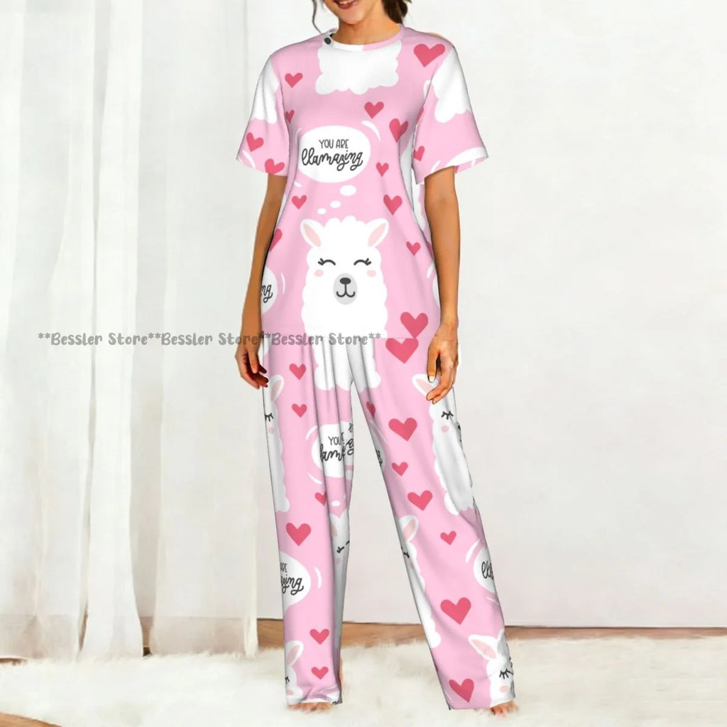 Women's 2-piece set You Are Llamazing Llama Pattern With Hearts Pajamas Short sleeved Top and Pants Sleepwear
