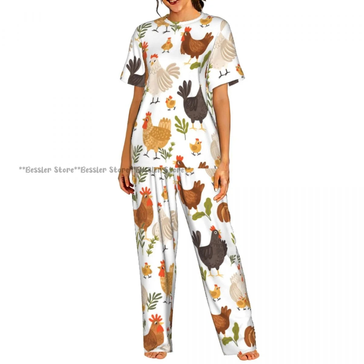 Women's Comfort Pajamas Women's Rooster Hens And Chickens Background Short Sleeve Set Sleepwear