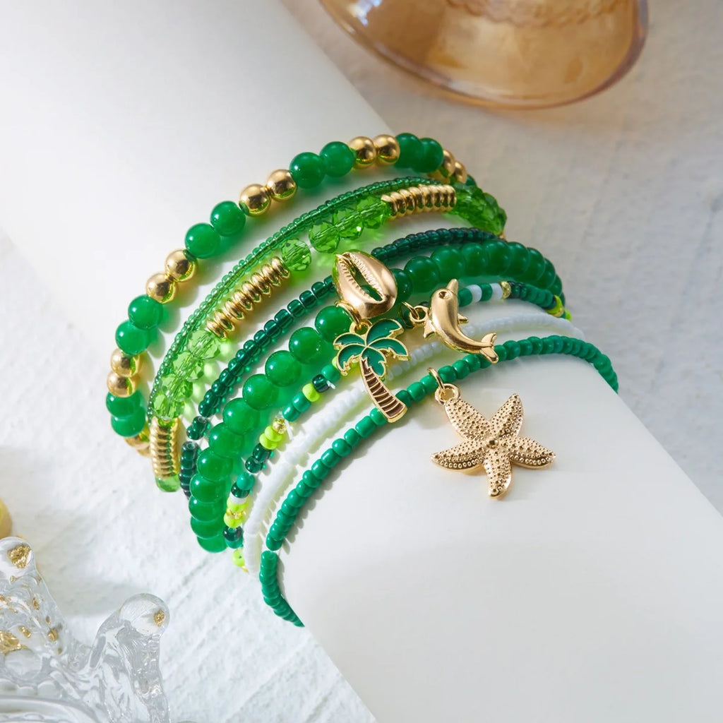 Multilayer Starfish Dolphin Shell Coconut Tree Bracelets For Women Men Imitation Pearl Flower Fish Tail Stackable Bangle Jewelry