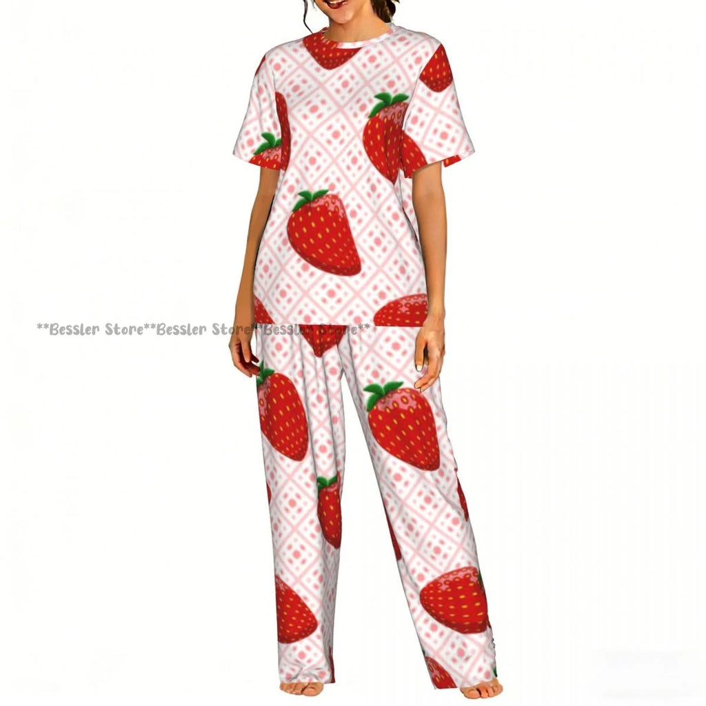 Women's Pajamas Set Strawberry Illustration Short Sleeve Sleepwear 2 Piece Homewear Loungewear
