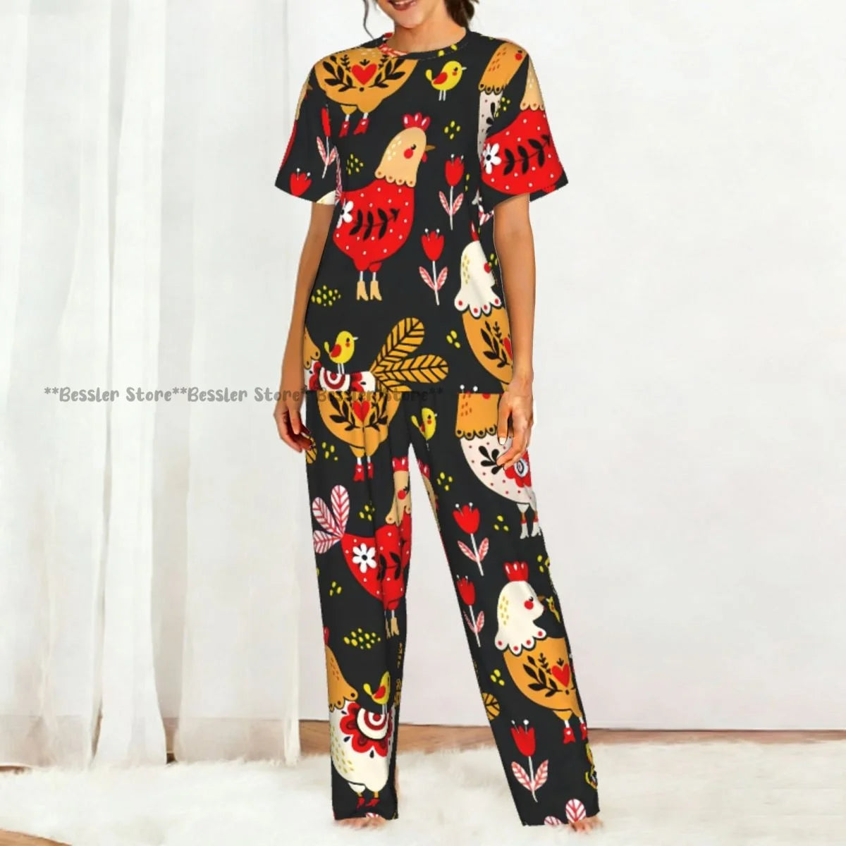 Women's Comfort Pajamas Women's Rooster Hens And Chickens Background Short Sleeve Set Sleepwear