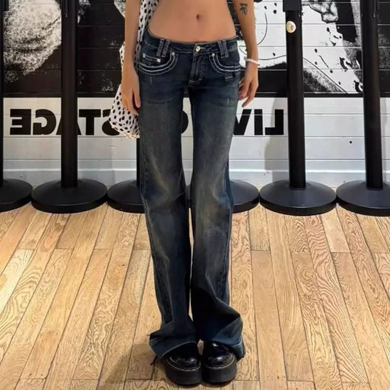 American Vintage Y2K Jeans for Women Sexy Slim Low-Waisted Wide Leg Denim Trousers Female Fashion Streetwear Flared Jean Pants