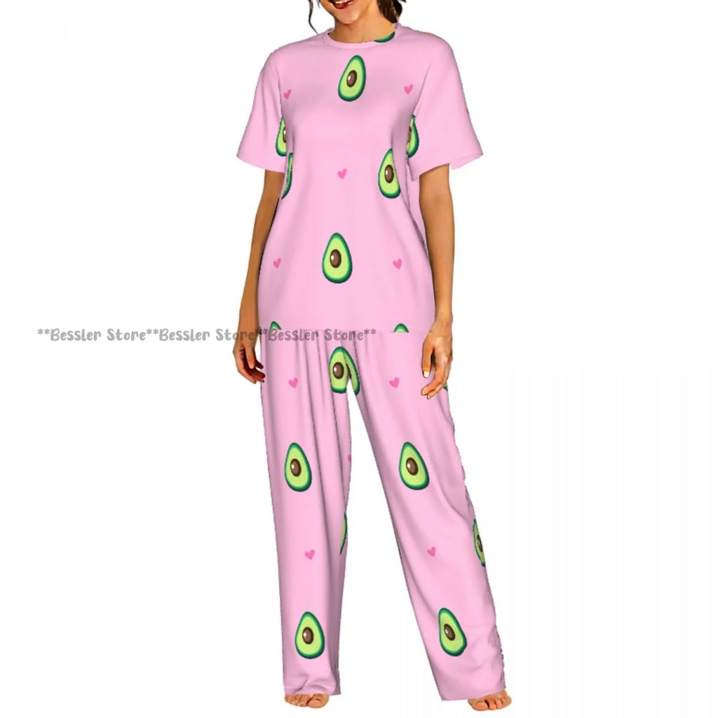 Women Pajama Sets Lounge Sleepwear Avocado Character Short Sleeve Nightwear