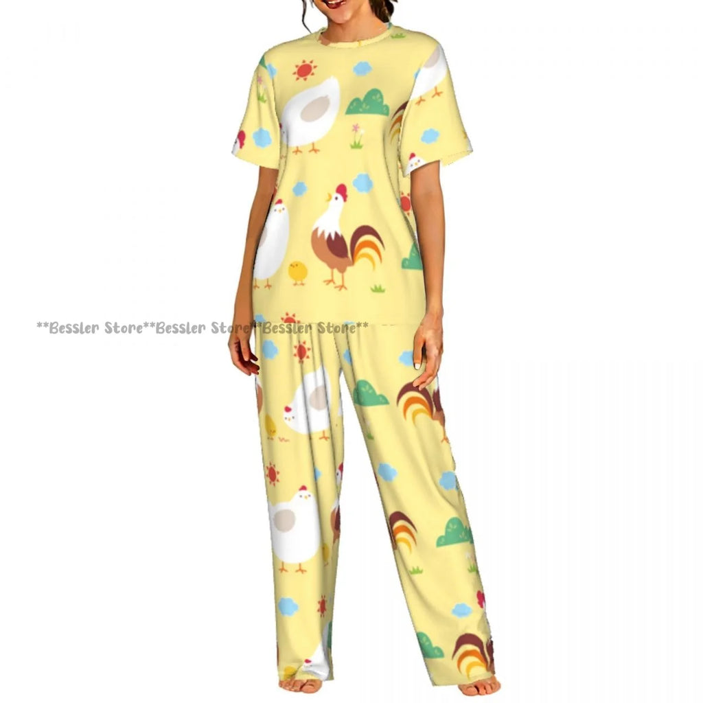 Women's Comfort Pajamas Women's Rooster Hens And Chickens Background Short Sleeve Set Sleepwear
