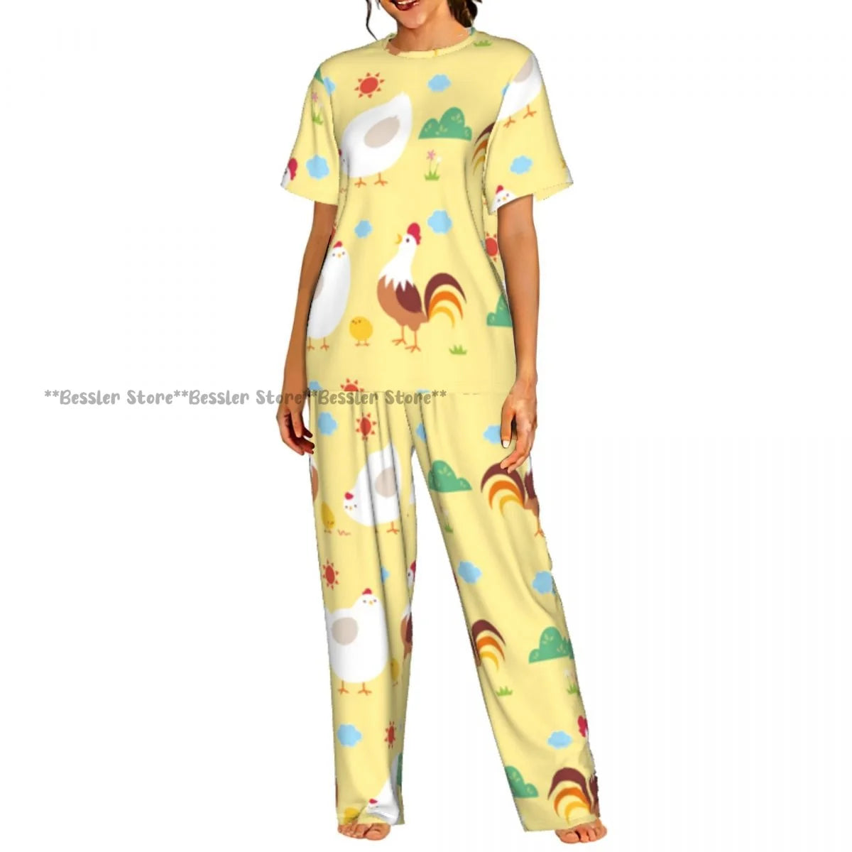 Women's Comfort Pajamas Women's Rooster Hens And Chickens Background Short Sleeve Set Sleepwear