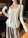 Women Long Sleeved T-shirt Fake Two Piece Lace Splicing Skirt Edge Design Slim Solid Color Simple Daily Casual Versatile Top
