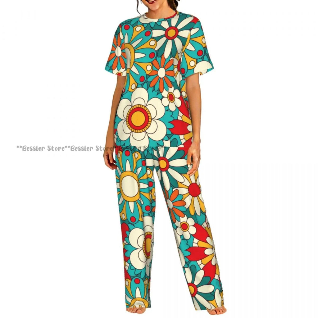Women's Floral Flowers And Leaves short sleeve trousers casual pajamas set