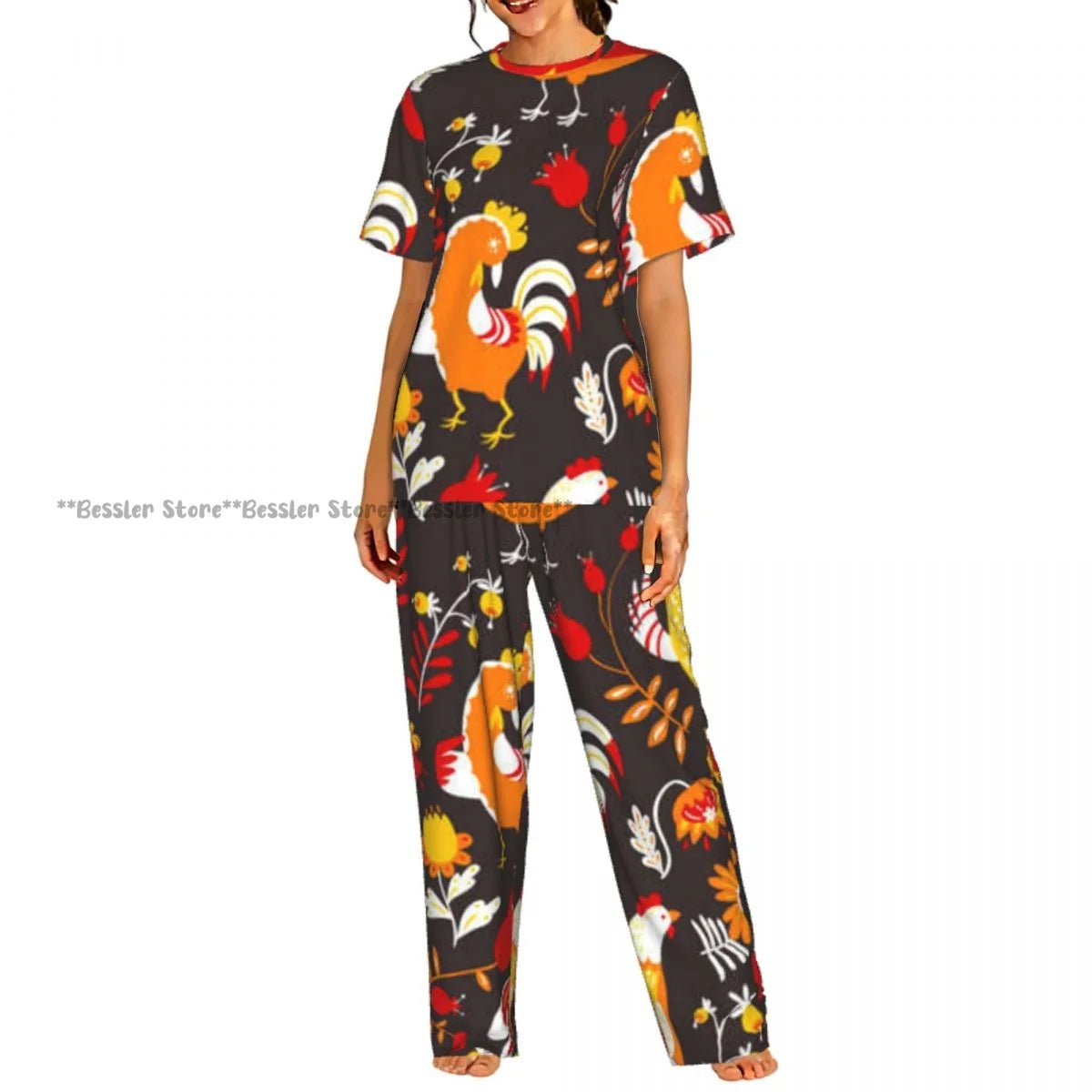 Women's Comfort Pajamas Women's Rooster Hens And Chickens Background Short Sleeve Set Sleepwear