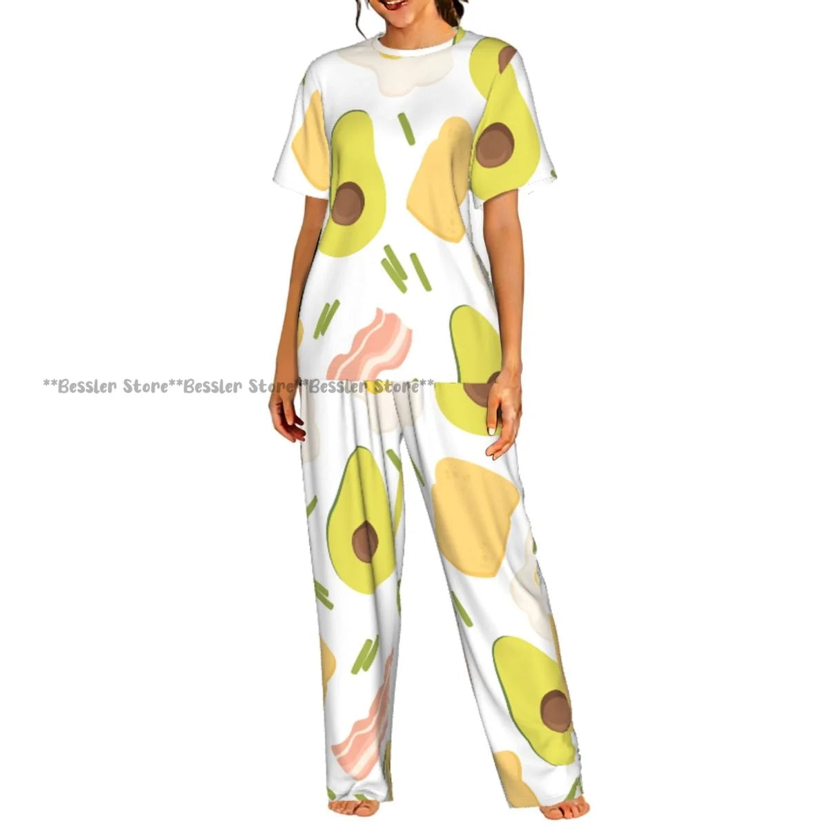 Women Pajama Sets Lounge Sleepwear Avocado Character Short Sleeve Nightwear