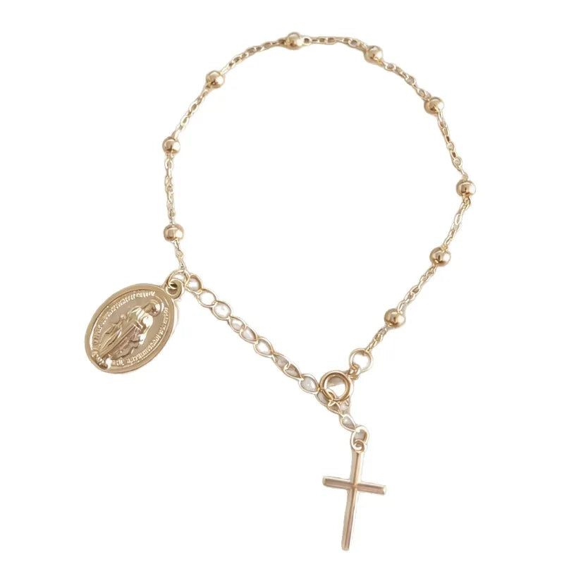 Adjustable Beaded Bracelet Virgin Mary Cross European Style Minimalist Charm Jewelry Women