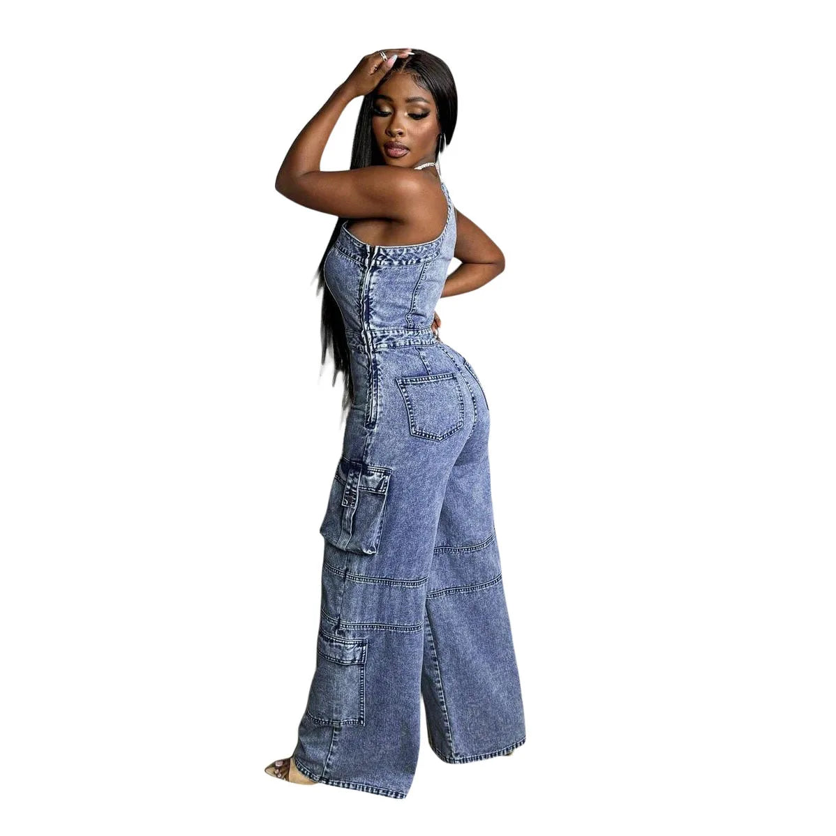 New Women Cargo Jean One Shoulder High Waist Wide Leg Pants Loose Safari Style Spliced Washed Distressed Pockets Jumpsuits