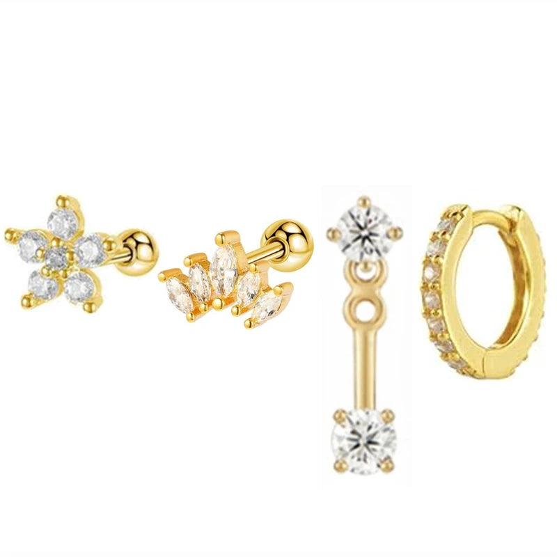 4PCS Stainless Steel Circle Huggie Hoop Earrings Set for Women Gold Color Unique Zircon Flower Stud Earring Piercing Jewelry