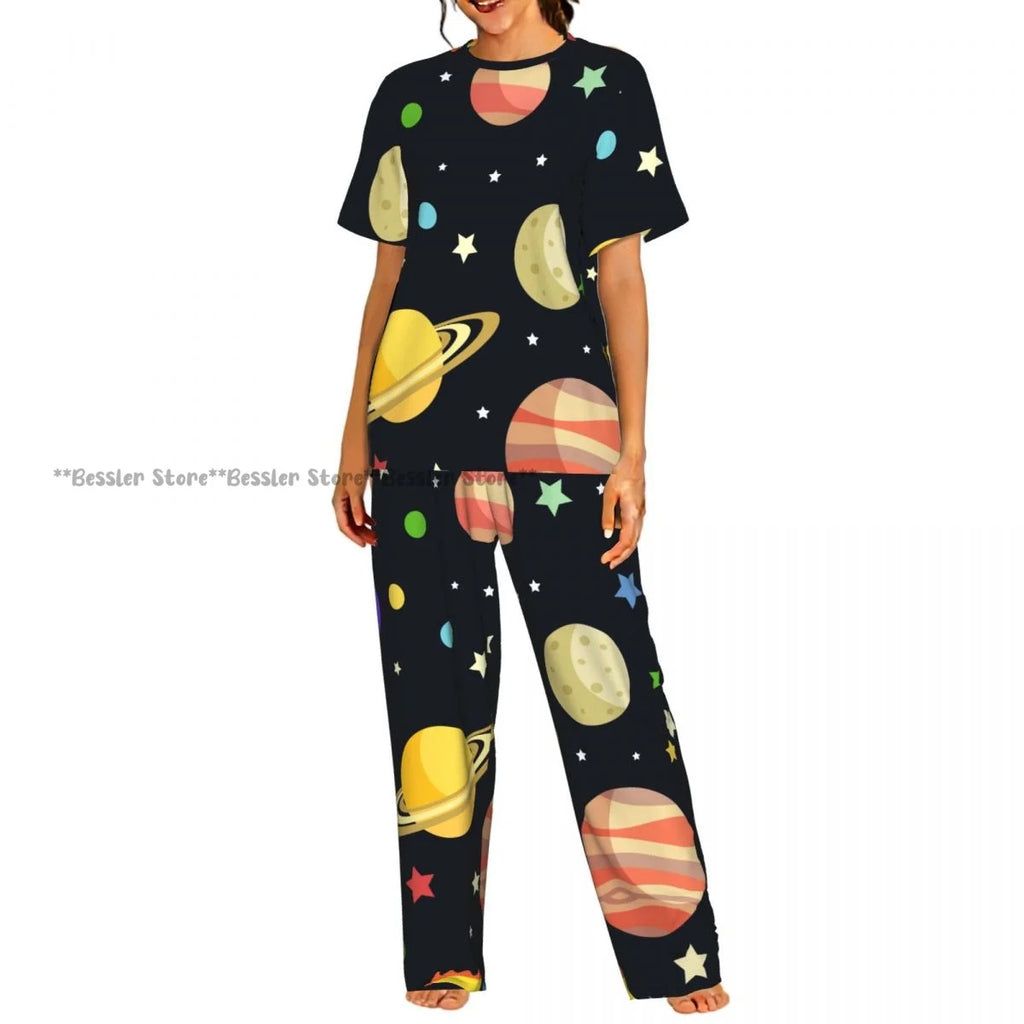 Women's Pajamas Set Space Planets Stars Comets Constellations Short Sleeve Sleepwear 2 Piece Homewear Loungewear