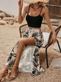Women 2 Piece Set Black Crop Top And Palm Print Slit Maxi Skirt For Vacation